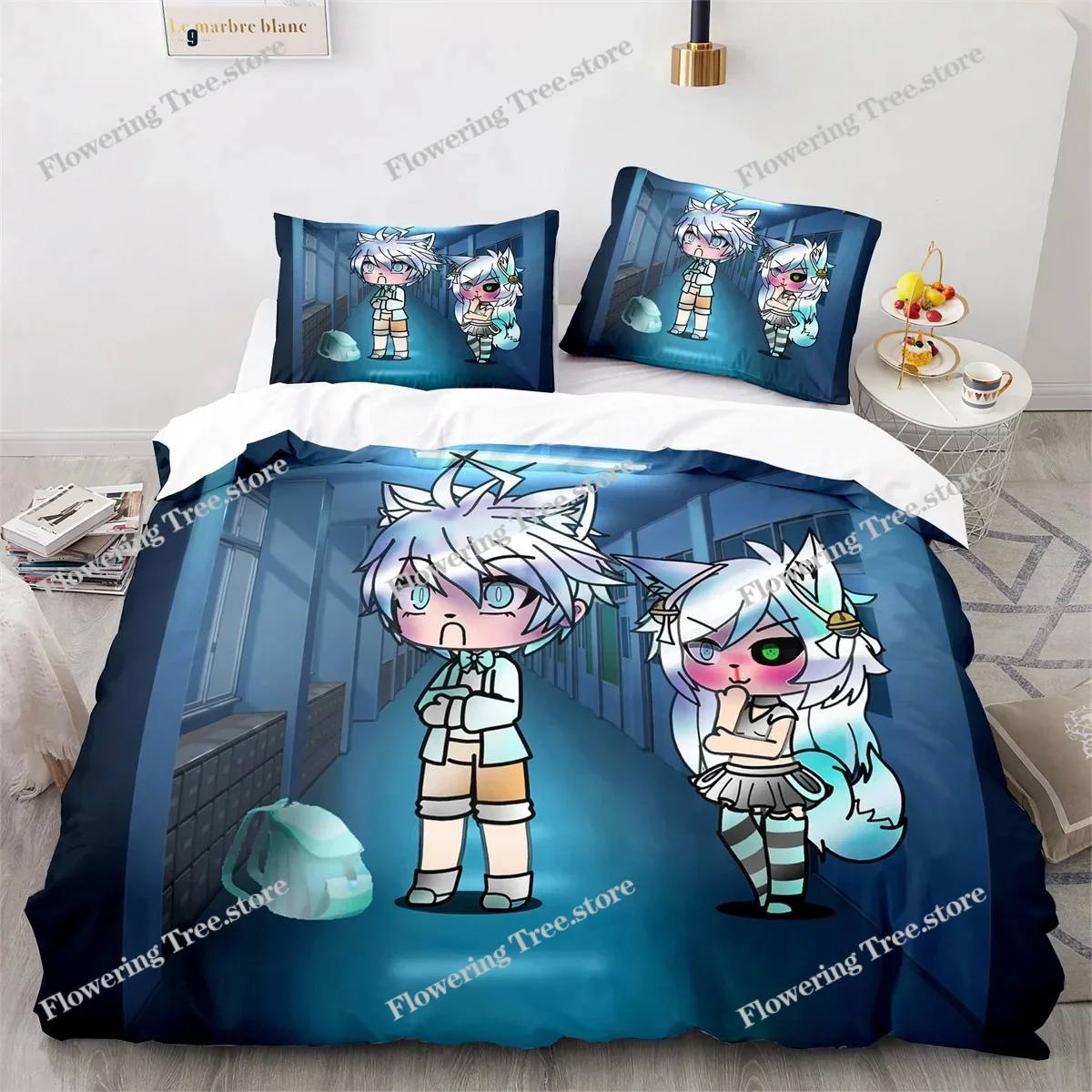 Gacha Life Academia Anime Duvet Cover Set with Pillow Covers Polyester Teens Kids Bedding Set Full Queen King Size Bed Linen