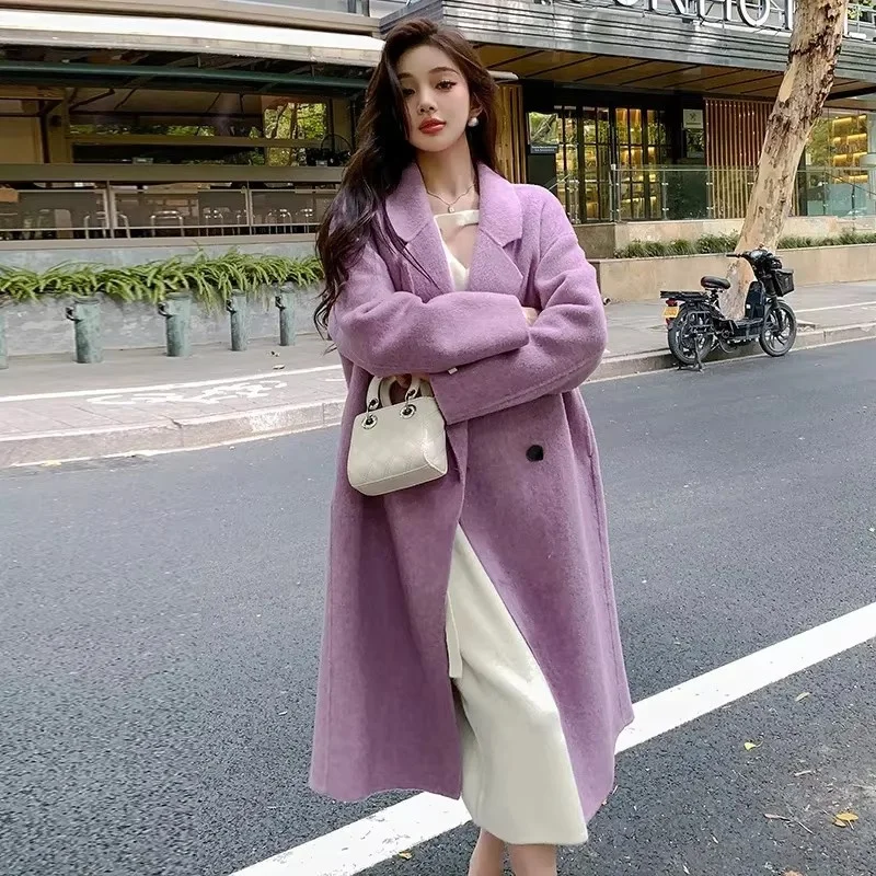 2024 New Women Double Cashmere Woolen Jacket Autumn Winter Female Double Sided Velvet Coat  Ladies Over The Knee Woolen Outwear