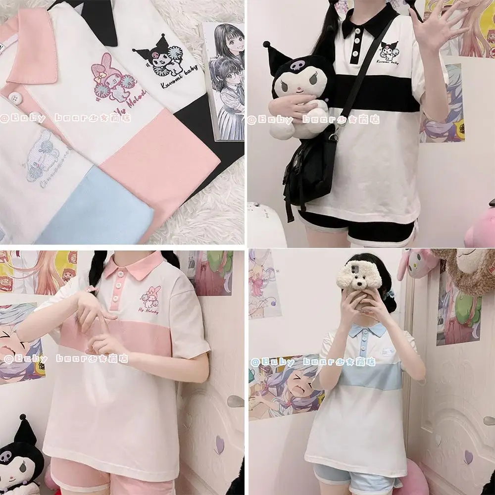 Kawaii My Melody Koszulka z krótkim rękawem Sanrio Kuromi Cinnamoroll Anime Letnia koszulka polo Top Nowy japoński styl Dziewczyna Luźny Casual