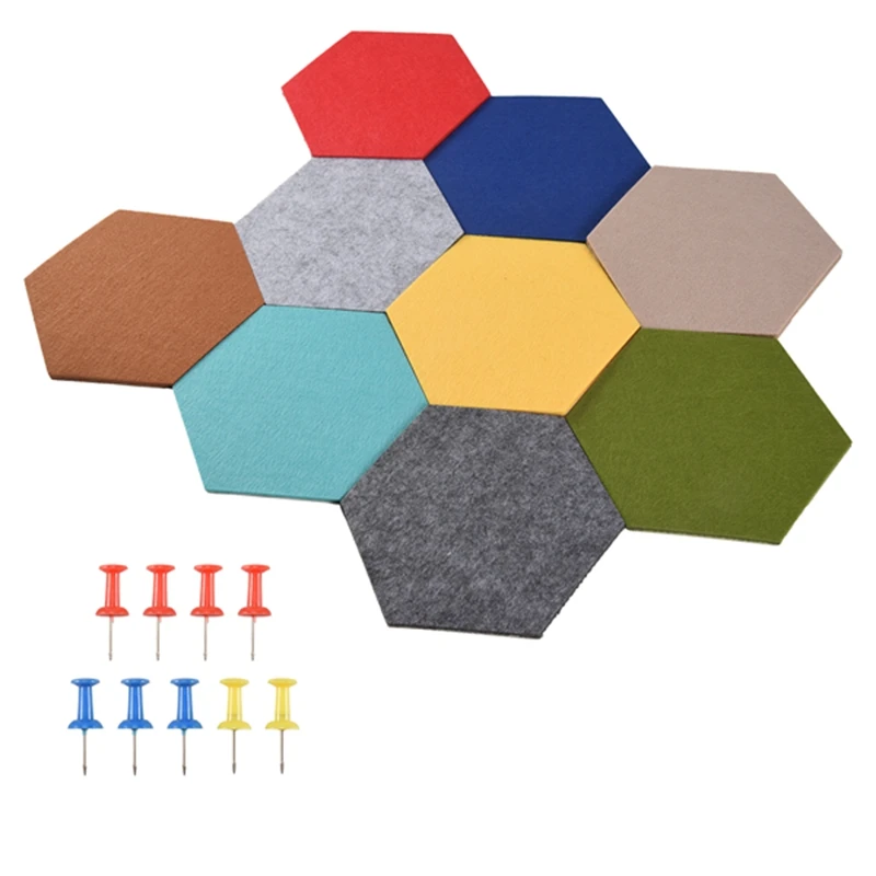 Hexagon Pad Cork Board/Pin Board, 9-Pack Colorful Wall Tiles Memo Felt Board For Wall Stickers Home Decors