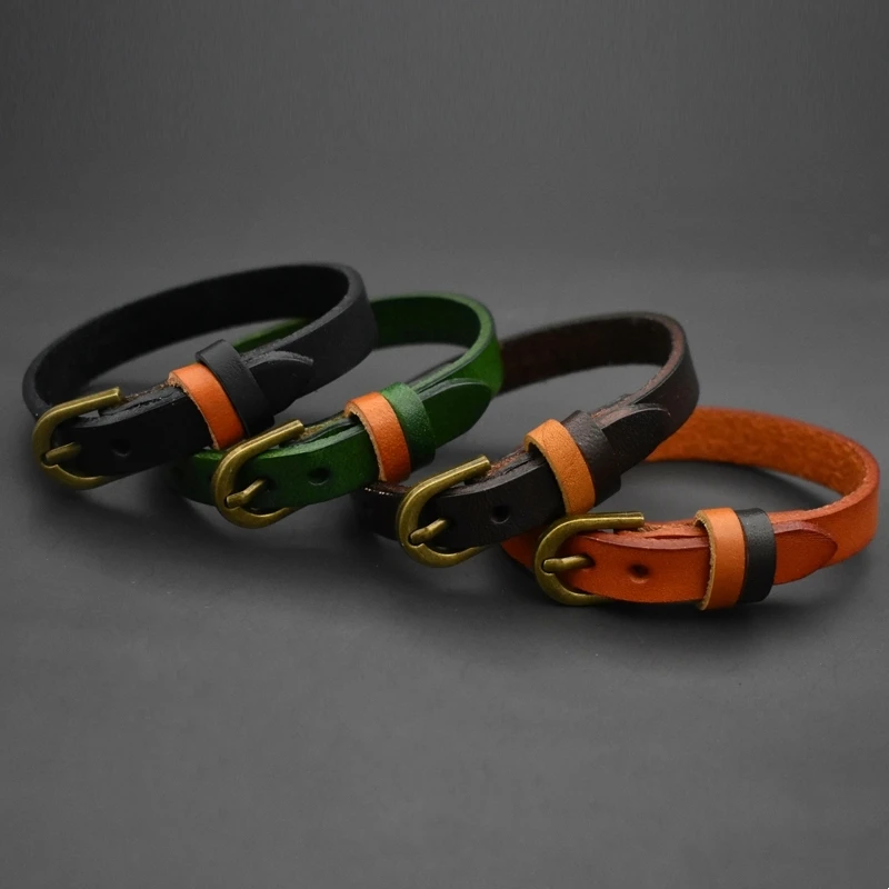 Vintage Simple Alloy Buckle Bangle Black Brown Green Leather Wristhand Bracelet,6\