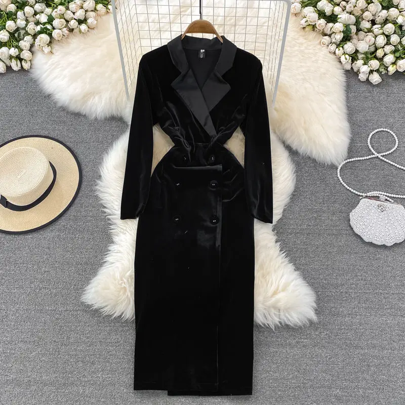 OL High-End Ladies Temperament Slim Suit Collar Color Matching Velvet Dresses Elegant Vintage Double Breasted Robe Jacket H016