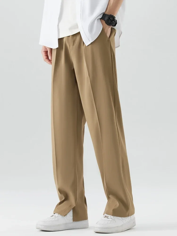 2026 New Casual Pants Men Breathable Korean Fashion Pendant Split Elastic Waist Slacks Straight Loose Suit Trousers
