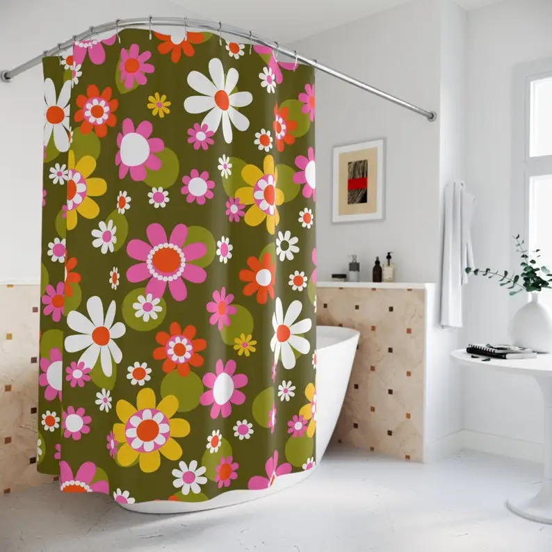 Groovy Hippie Daisy Flower Power Shower Curtain, Retro Mid Century Modern Bathroom Decor