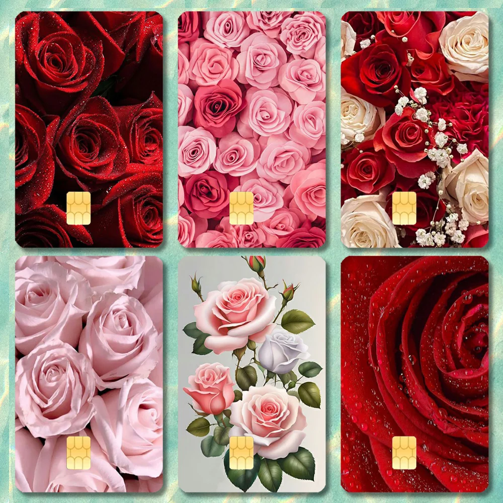 Red Rose Flower Colorful Stickers Cartoon Credit Card Visa Debit Bank Charge Card Bus Metro Waterproof Sticker Decal Decoration