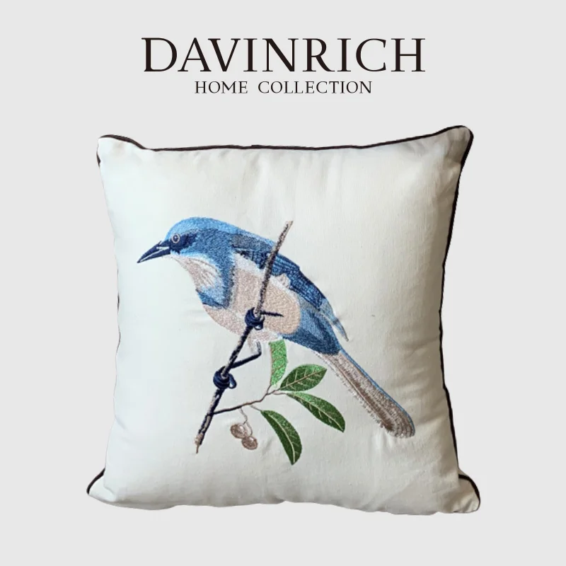 

DAVINRICH Rustic Summer Farmhouse Decorative Throw Pillow Cover Sparrow Bird Embroidery Cushion Case 45x45cm For Sofa Couch Bed