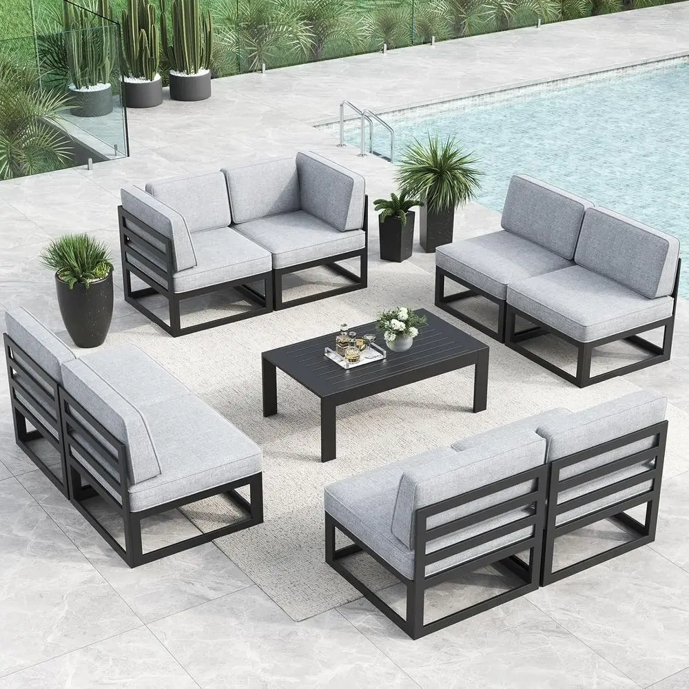 

Modern Outdoor Patio Sectional Sofa Set with 9 Pieces and Linen Cushions