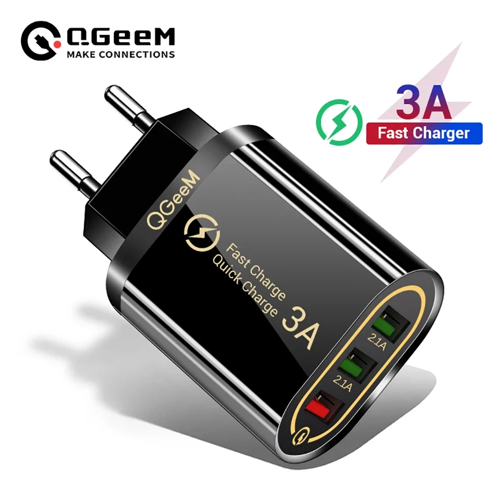 QGEEM 3-in-1 USB Charger Quick Charge 3.0 Fast Charging Adapter for iPhone Xiaomi Portable Phone Charger QC 3.0