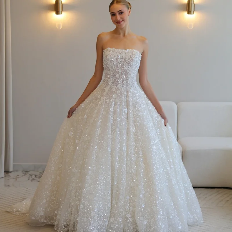 Shiny White Wedding Dresses glitter pearl flower decal off-shoulder A-line skirt long tail Gowns wedding dress Bridal Gown