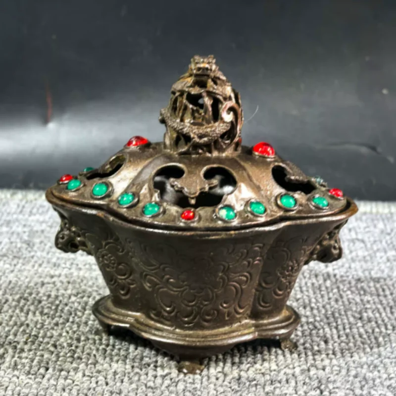

Antique copper hollow dragon lid double ear incense burner inlaid with gemstones auspicious ornament vintage handicrafts