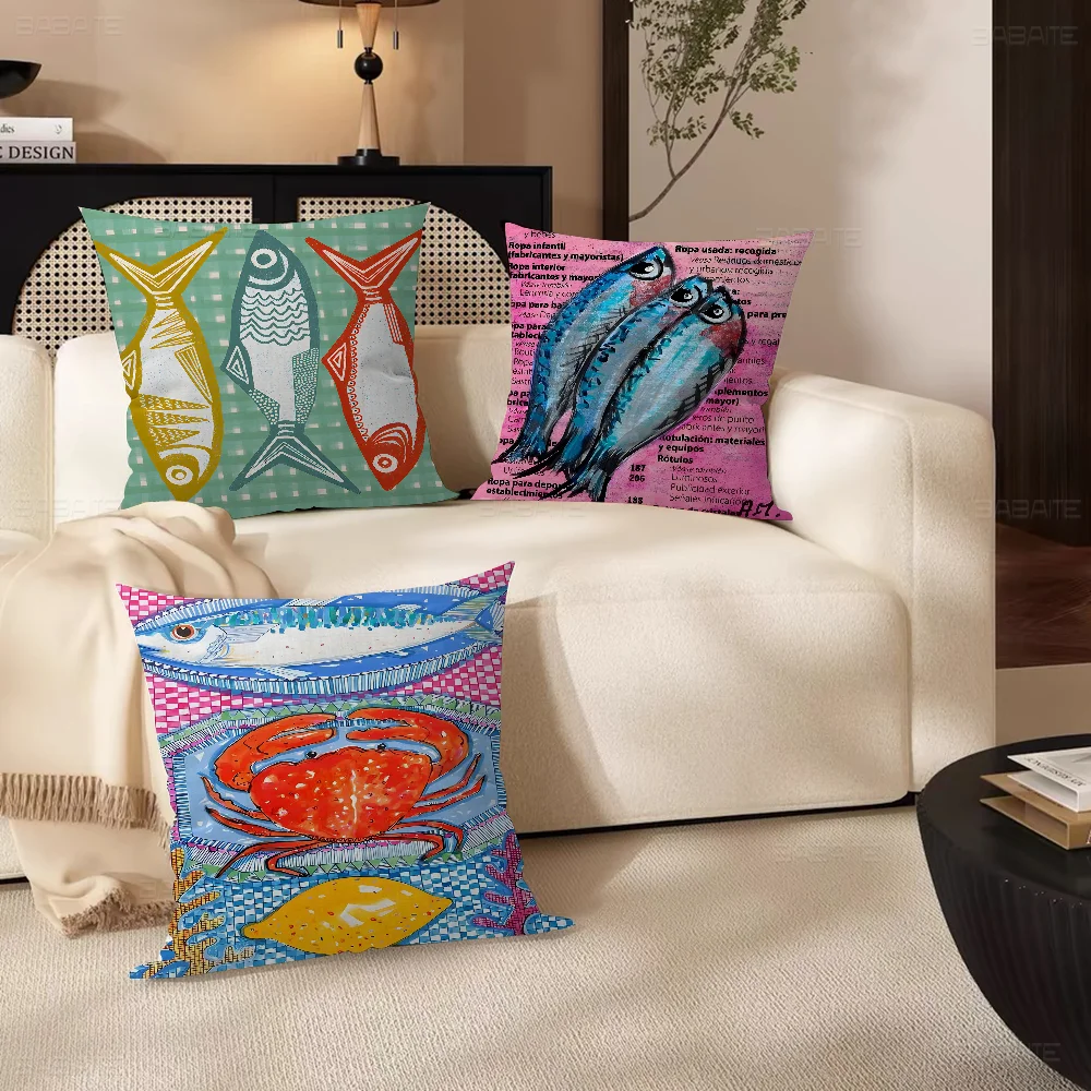 Colorful Sardine Lobster Fish Ocean Animal Maple Design Cushion Cover Happy Autumn Harvest decor Holiday Decorati Pillow Cover