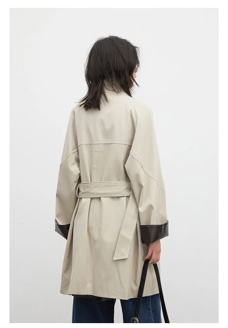 CHIC VEN Korean Women Mid Length PU Jacket Stand Collar One-button Laced Up Overcoat Office Lady Trench Coat Spring Autumn 2026