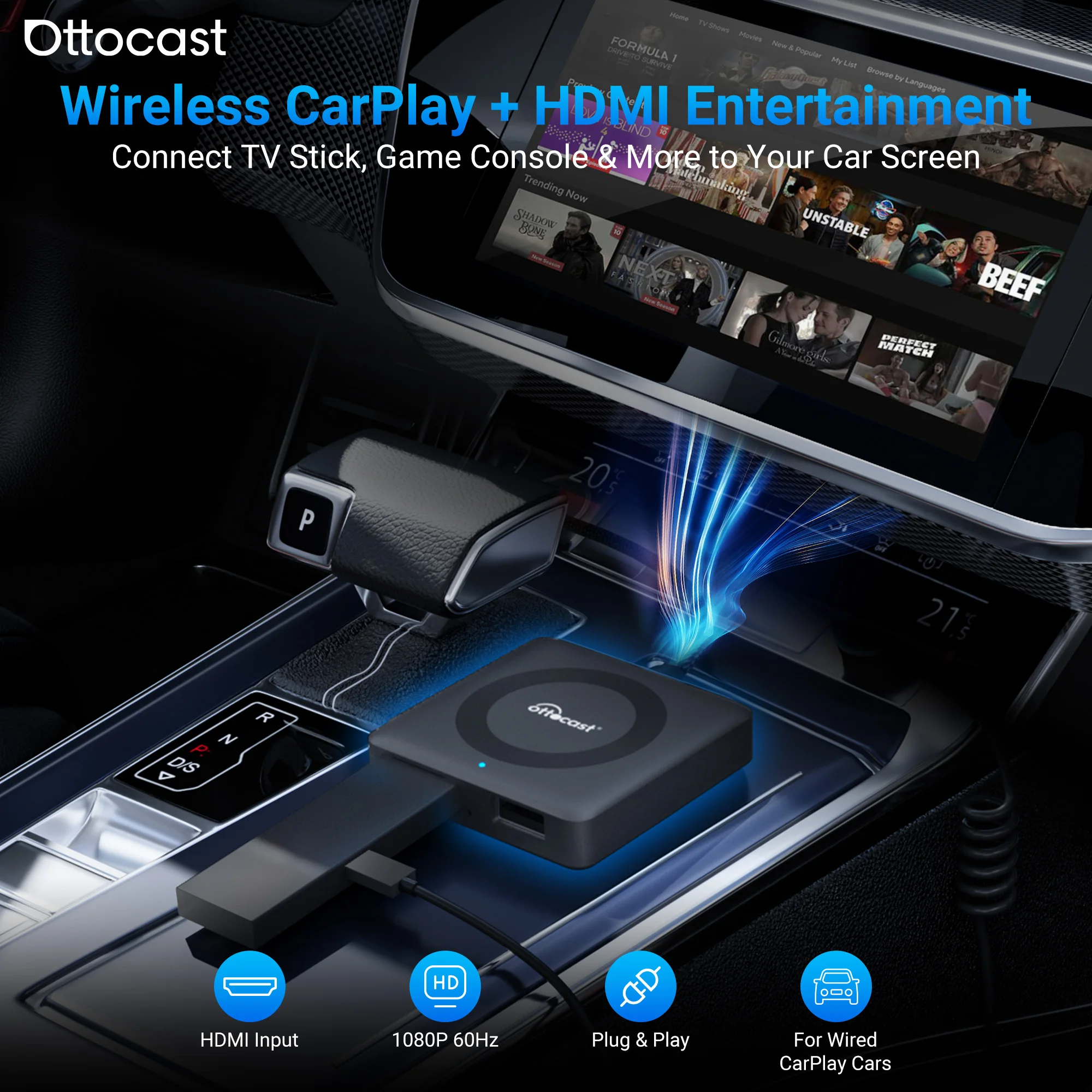 OTTOCAST Car TV Mate Pro Kabelloser CarPlay-Adapter mit HDMI-Eingang, Auto-TV-Adapter, Spielekonsole, 1080P 60Hz, Plug & Play, In-Car-Entertainment-Adapter für Apple TV, Fire TV Stick, Google TV, für