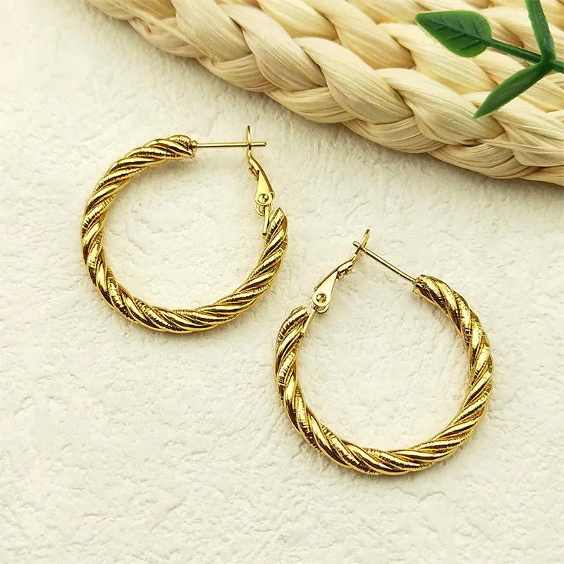 Twists Thin Cricle Ear Studs for Women Girls Stainless Steel Gold Color Party Wedding Female Earrings Jewelry bijoux femmes