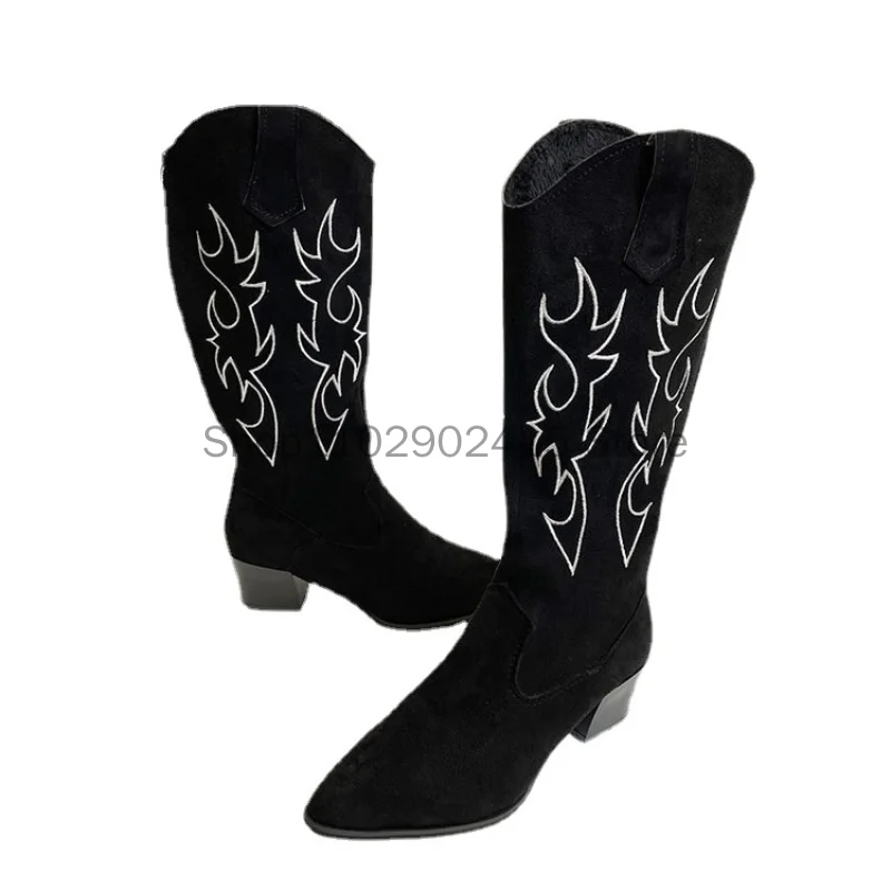 New Women Western Cowboy Boots Pointed Women's Shoes Printing Mid Calf Boots Winter Chunky Heel Wedges Knight Botas Feminina