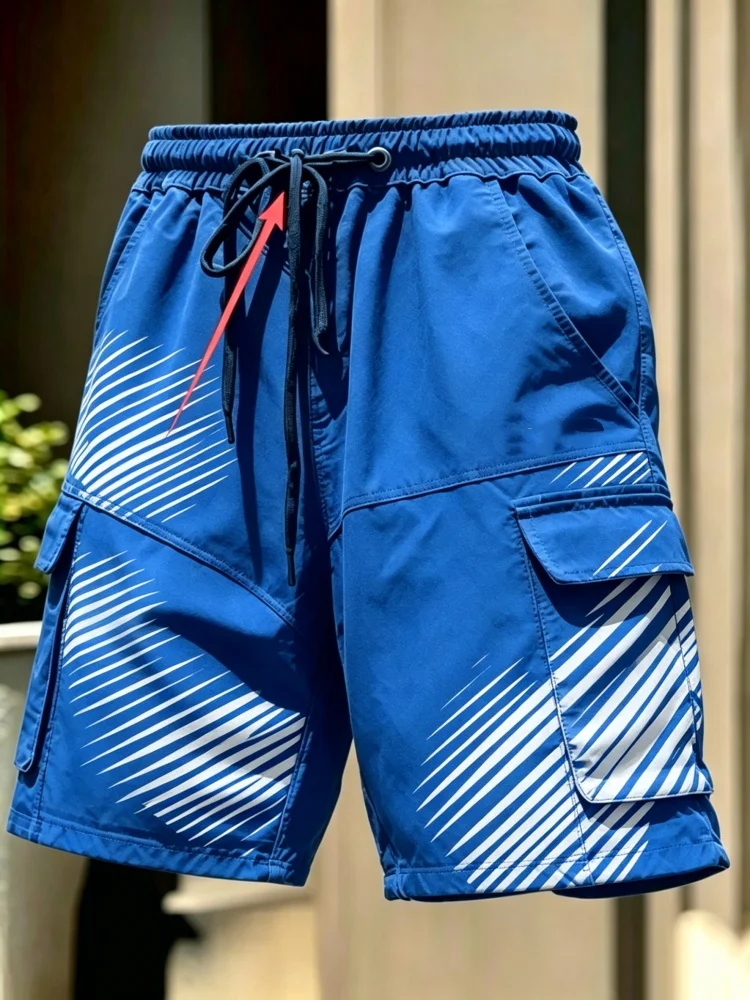 

Men Royal Blue Diagonal Stripe Print Multi Flap Pocket Cargo Shorts Elastic Drawstring Waist Summer Sports Casual Shorts
