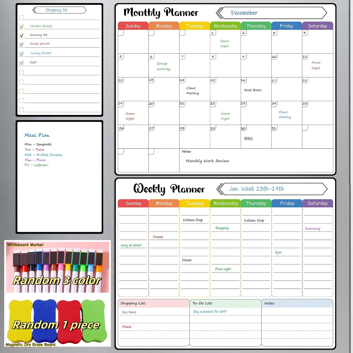 4 Pack Magnetic Fridge Calendar Set, 15 x 11.5 Dry Erase Whiteboard Calendar Refrigerator, Includes Monthly, Weekly, List and Sm