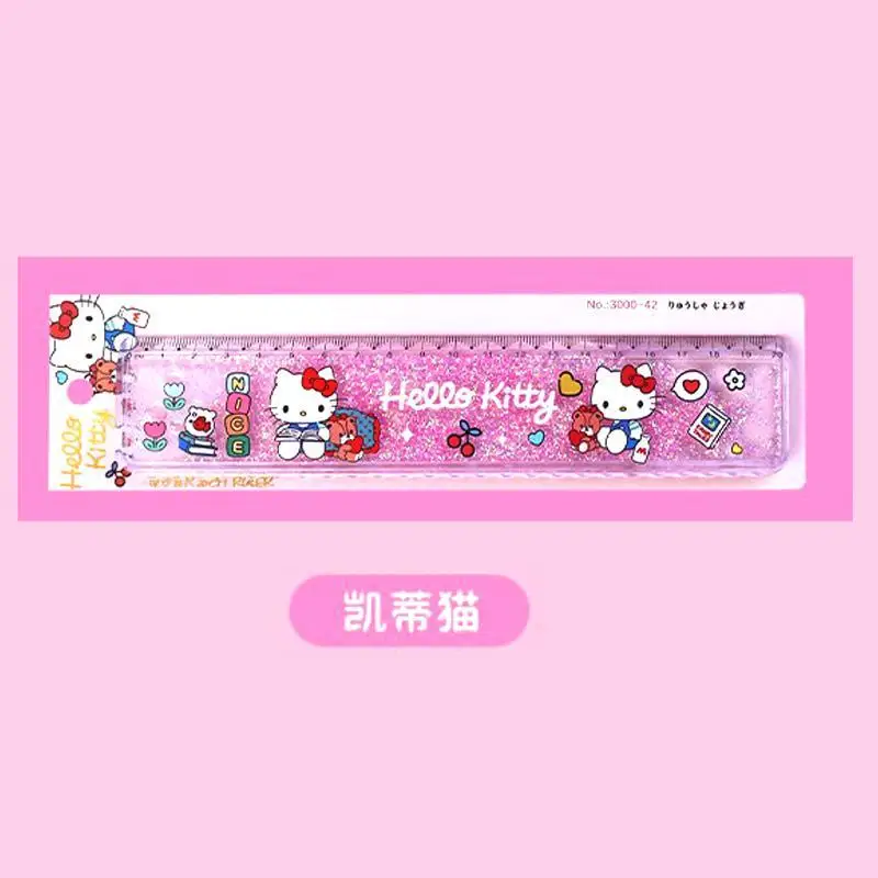 Sanrios Flowing Sand Ruler Family Series Hello Kitty Kuromi Melody Students Dual Use with Straight Line Wave Line Multi Function