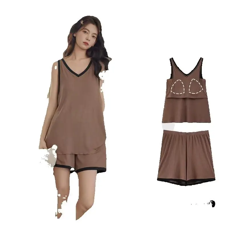 New Summer Women Soft Comfort Sleepwear Set Thin Style with Builtin Chest Cushion Sleeveless Vest Short Fashion Home Clothingset image 2