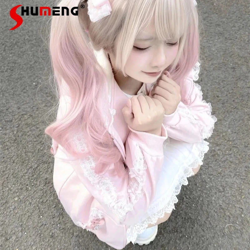

Japanese Lolita Style Long-sleeves Zipper Sweatshirts Original Lace Hoodies Rabbit Ears Kawaii Clothes Hoodies Coat For Ladies