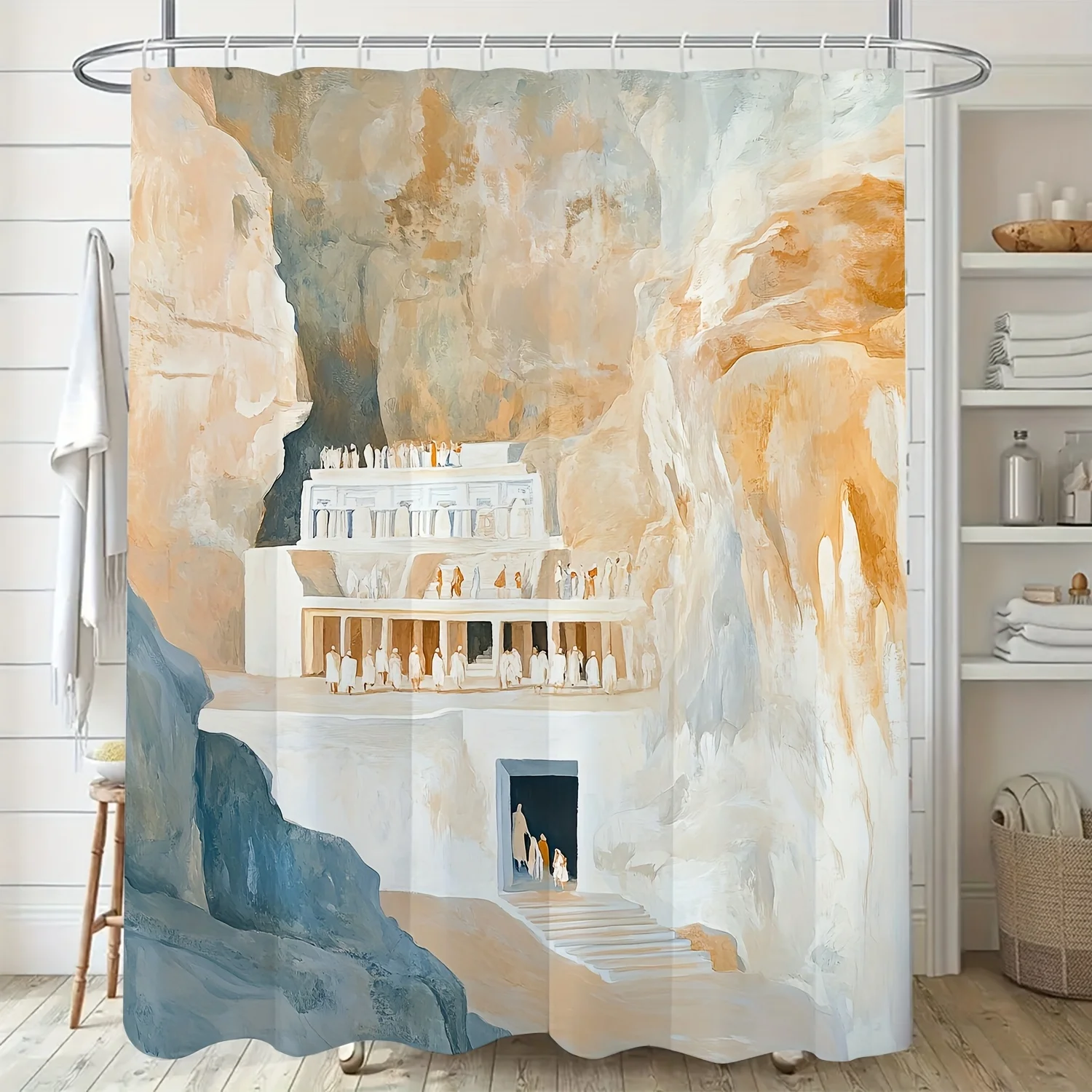 

Vintage-Inspired Digital Print Shower Curtain - Polyester Fabric, Machine Washable, Includes Hooks, All-Season Bath Decor