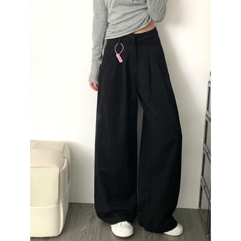 

Плиссированные узкие джинсовые брюки в стиле ретро для девочек, осенние черные популярные свободные и универсальные широкие брюки