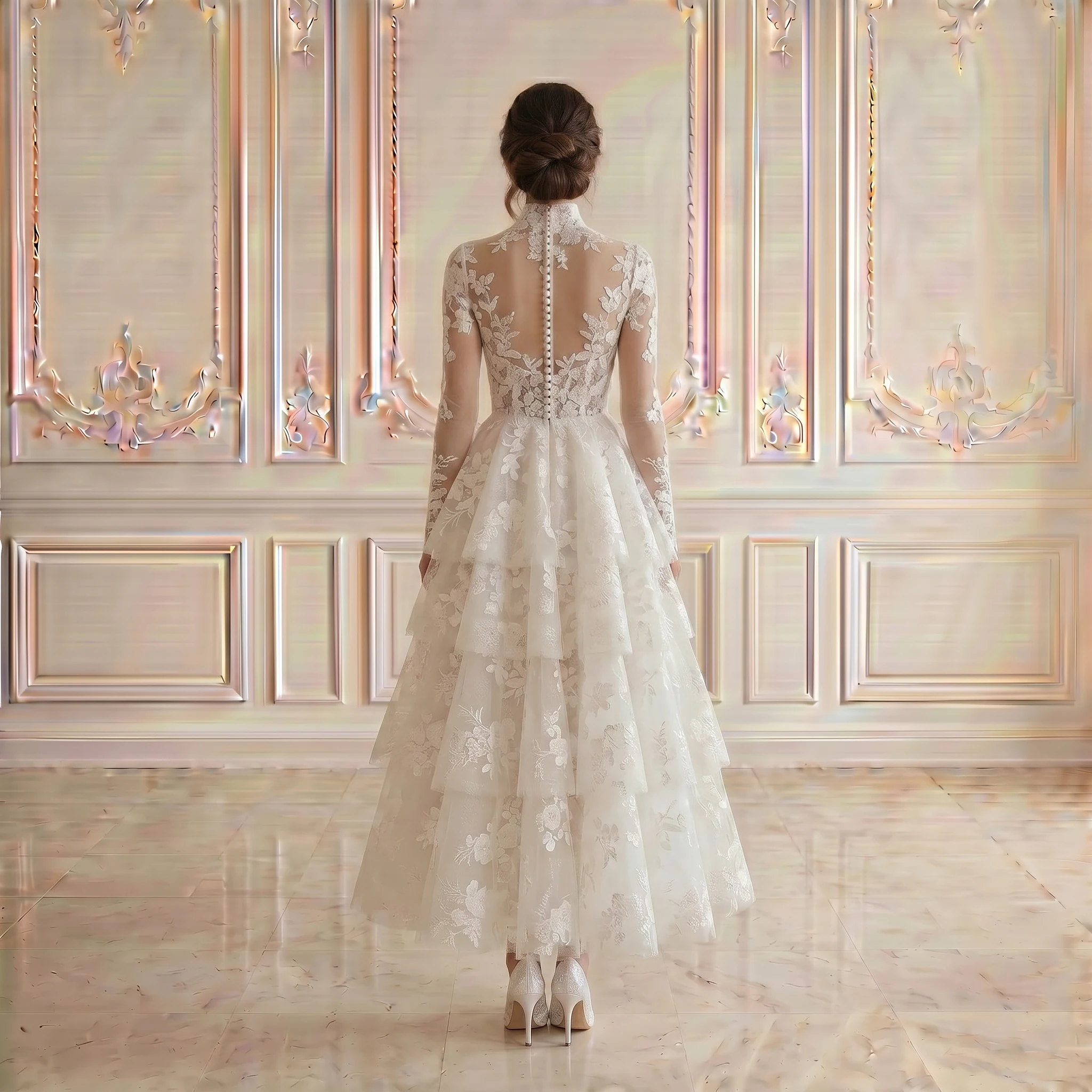 High Neck Long Sleeve Midi Wedding Dress Floral Lace Tiered Ruffle Skirt Pearl Open Back Elopement Bridal Gown