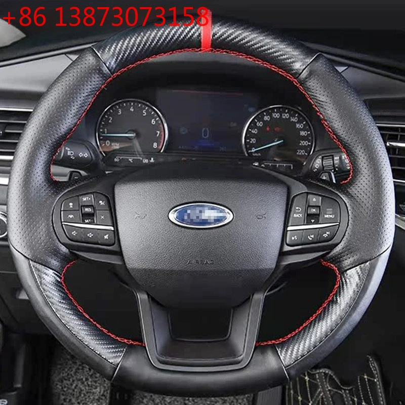 For Ford Explorer 2020 2021 2022 2023 Hand-stitched Black Leather Car Steering Wheel Cover Braid Non-slip Interior Accessories