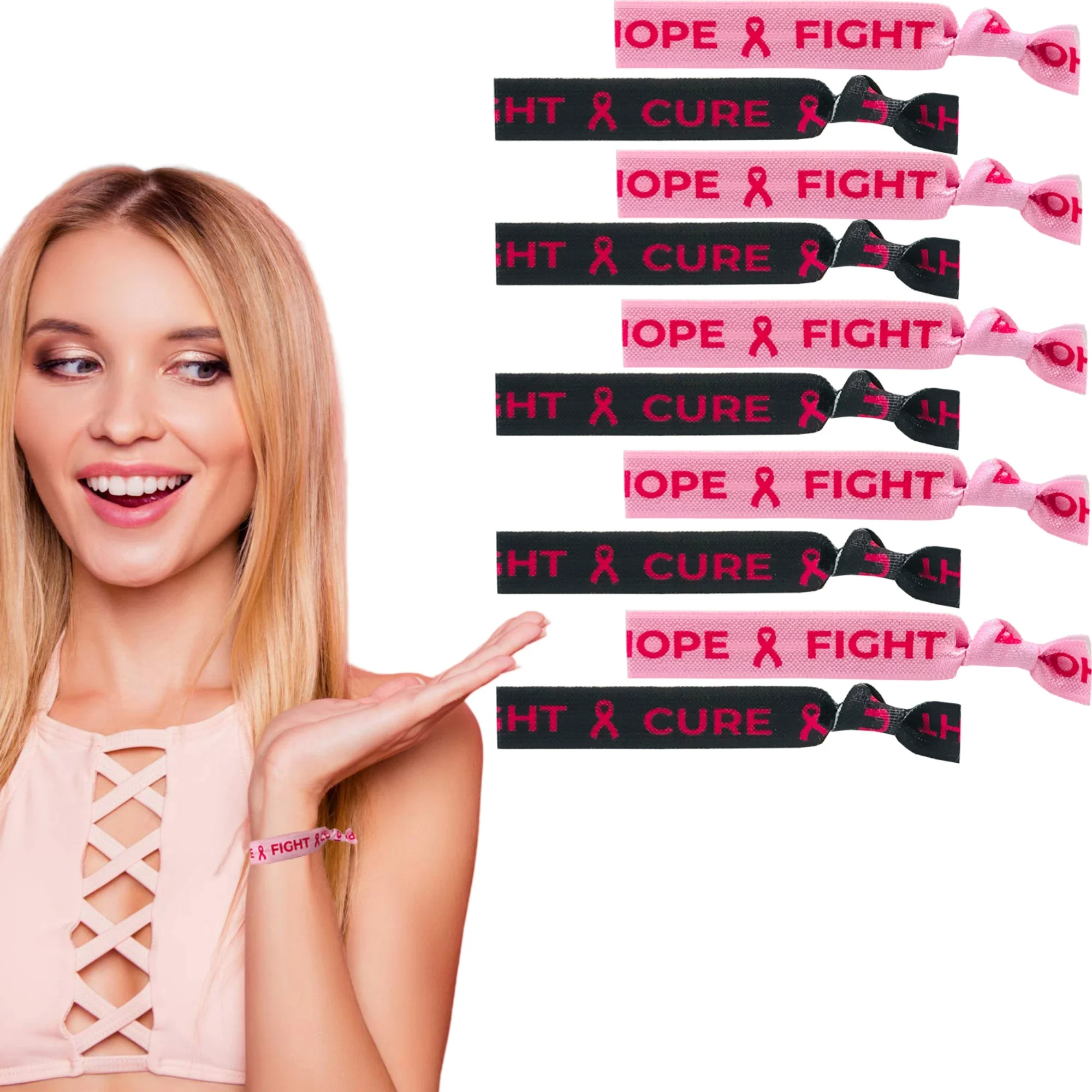 

100Pcs HOPE FIGHT CURE Breast Cancer Knotted Hair Tie Bracelet Letters Print Ponytail Holder Elastic Band Wristband