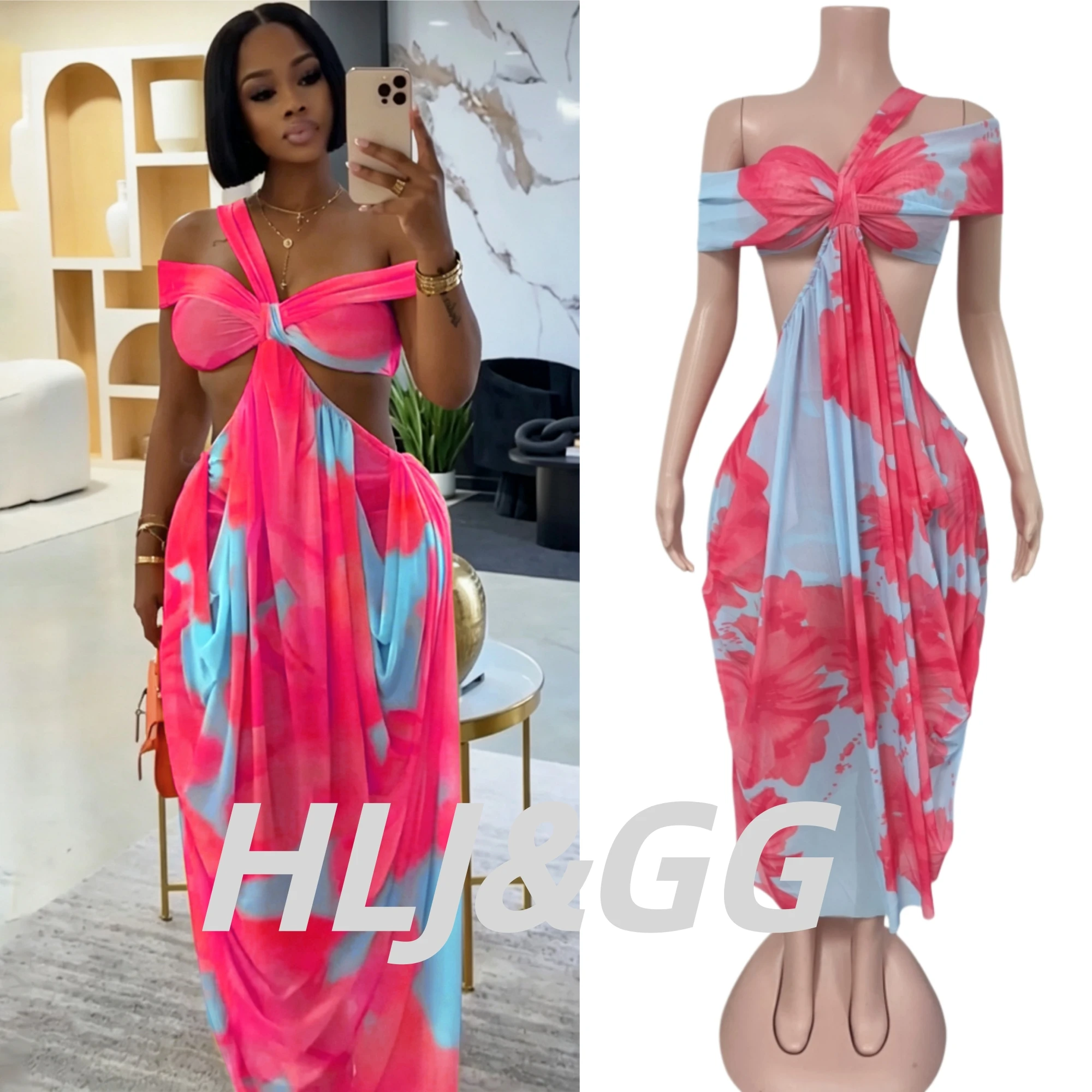 HLJ Women Mesh See Through Tie Dye Patchwork Sexy Bodycon Dress Hollow Out Backless Dress for Beach Vacation Club Party Arrival