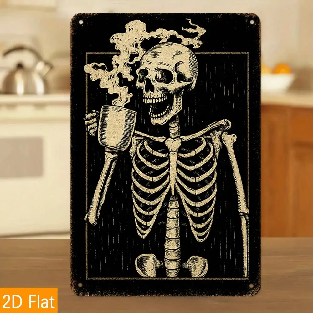 Letrero de estaño con esqueleto divertido para beber café, arte de pared para el hogar, regalo de cafetera para amantes de la cafeína, 8x12 pulgadas, 1 ud.