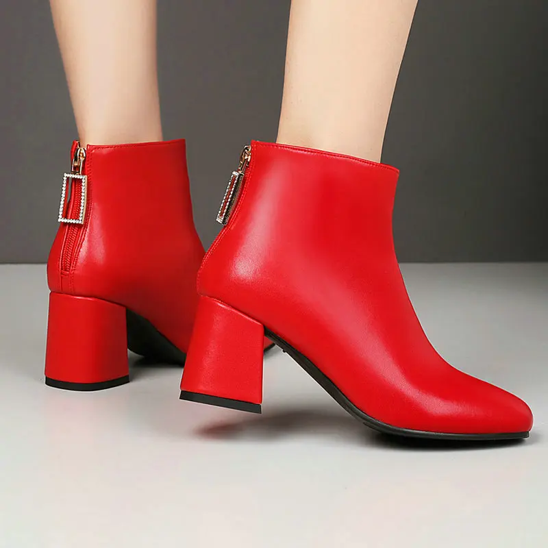 Bottines d'hiver pour femmes matures à bout rond avec fermeture éclair arrière, talons épais, chaudes, pour l'automne, coloris rouge, beige, noir