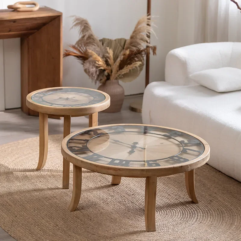 American rural antique solid wood coffee table, small apartment family living room, homestay tea room decoration clock coffee