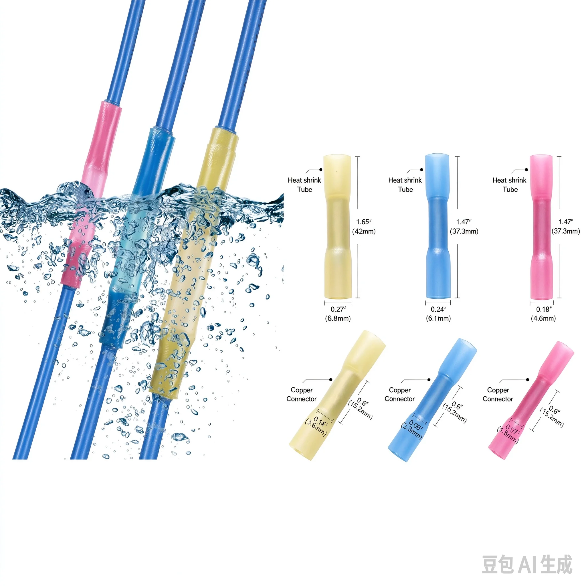 100PCS Heat Shrink Butt Waterproof Connector Wire Copper Pipe Connector Cable Heat Shrink Crimp Terminal Red blue yellow
