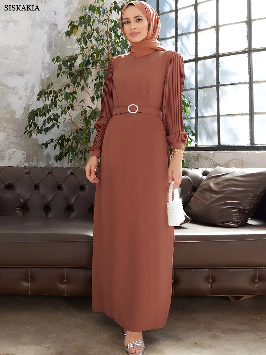 

Siskakia Solid Crimping O-Neck Puff Sleeve Long Dress With Belt For Islamic And Muslim Woman Elegant Moroccan Stylish Abaya 2024