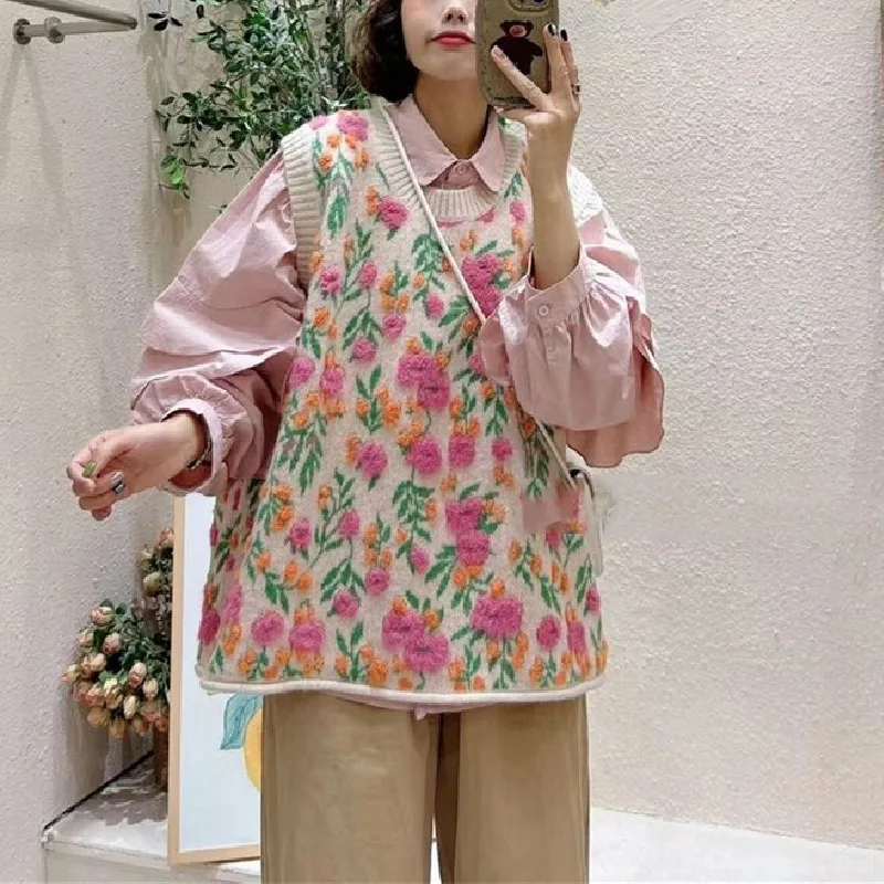 Kimotimo Vintage 3D Flower Sweater Vest Women Korean Fashion Loose Lazy Sleeveless Pullover Autumn Winter Overlap Knitted Tops