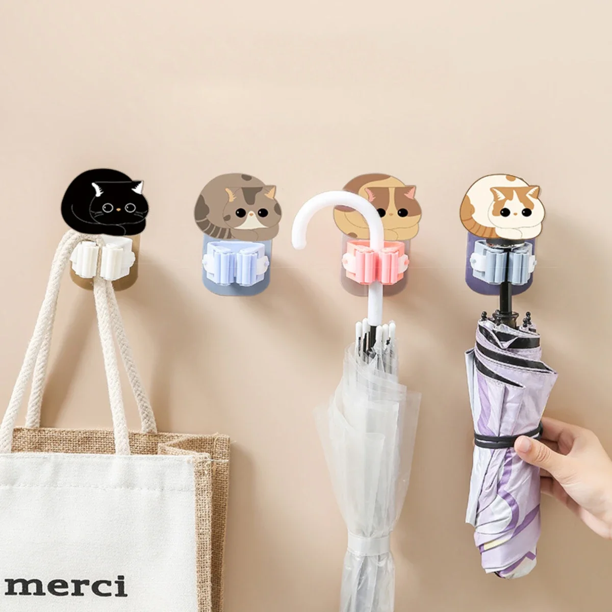 Bathroom mop hook, no punching cartoon style self-adhesive mop clip, broom wall mounted mop hanger holder - view 4