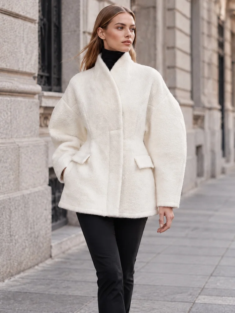Tossy Winter Coat Wool Blend Shawl Collar Overcoat Puff Sleeve Flap Pocket Mid Length Autumn Outerwear Concealed Closure Coat