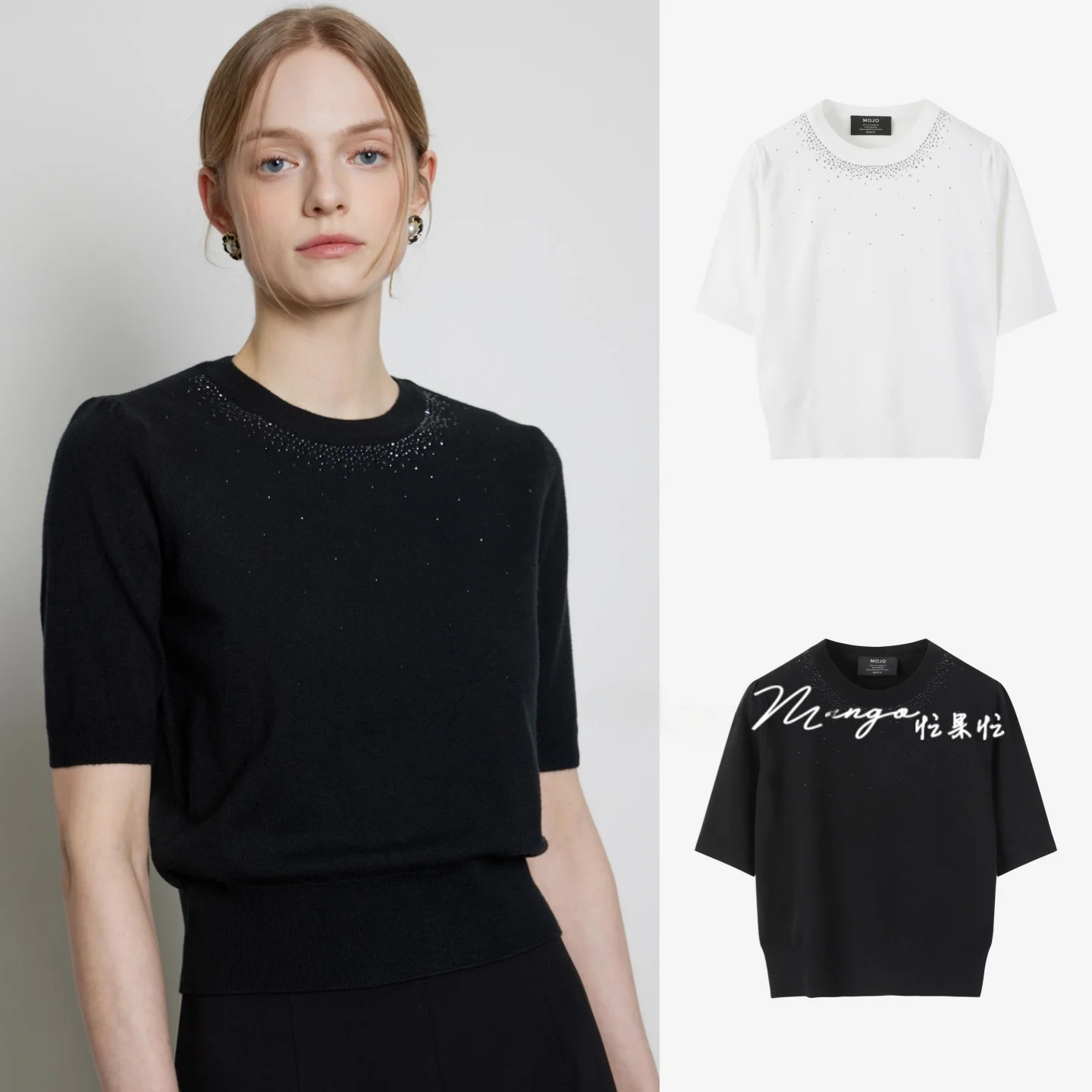 

Elegant round Neck Knitted Top with Precise Rhinestones Commute Versatile Elastic Slimming Short Sleeve Women's Fashion