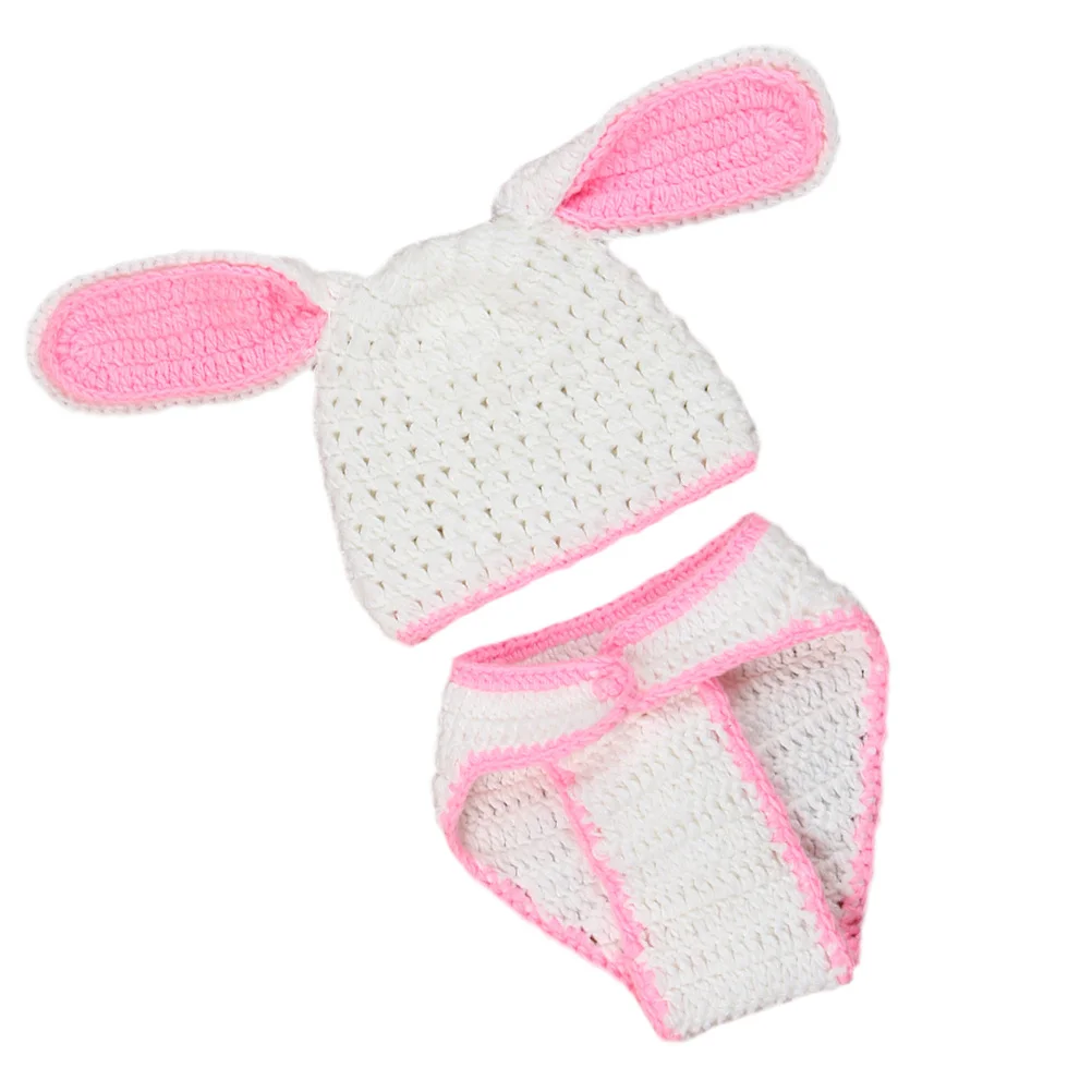 

Newborn Baby Rabbit Photo Props Outfit Set Knit Corchet Hat Pant Big Ears Bunny Pink White Baby Photography Props