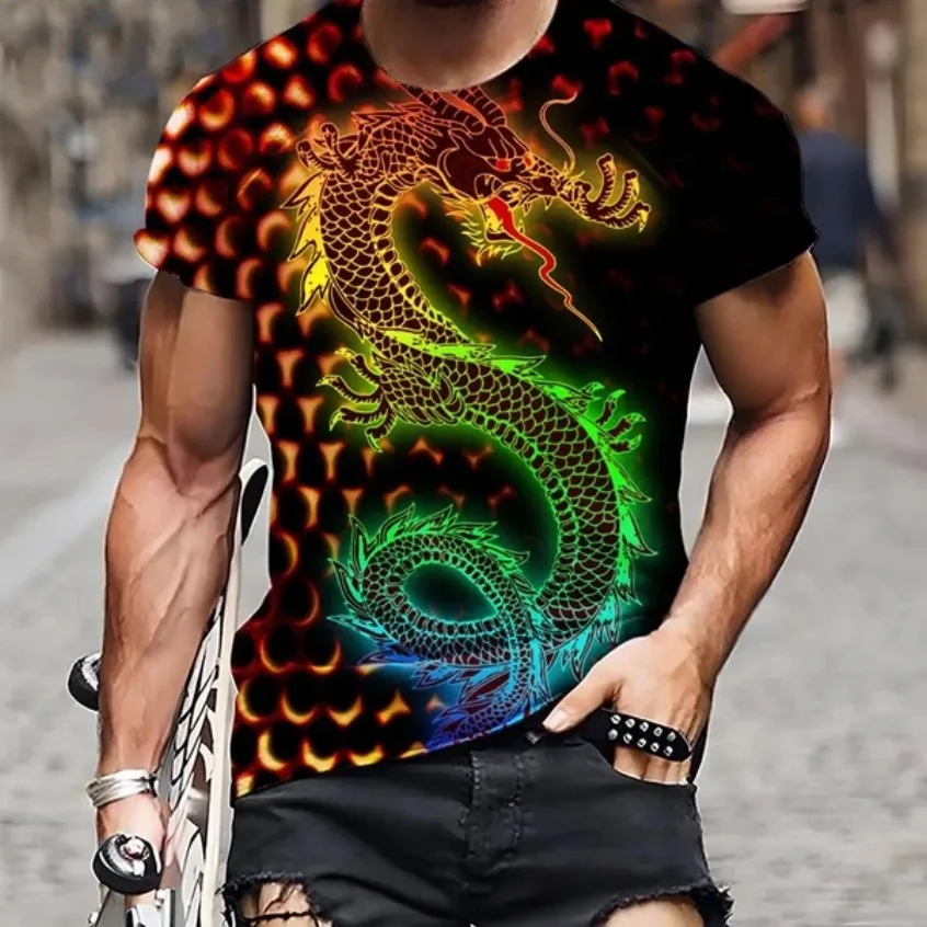 Men Neon Dragon T Shirt Glowing Scale Serpent Graphic Short Sleeve Cyber Casual Tee