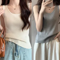 Casual Summer Women Knitted Vest T-Shirt Tees Tank Tops Solid  Female Sleeveless Plain Slim Fit Crop Top Basic Ladies Vest