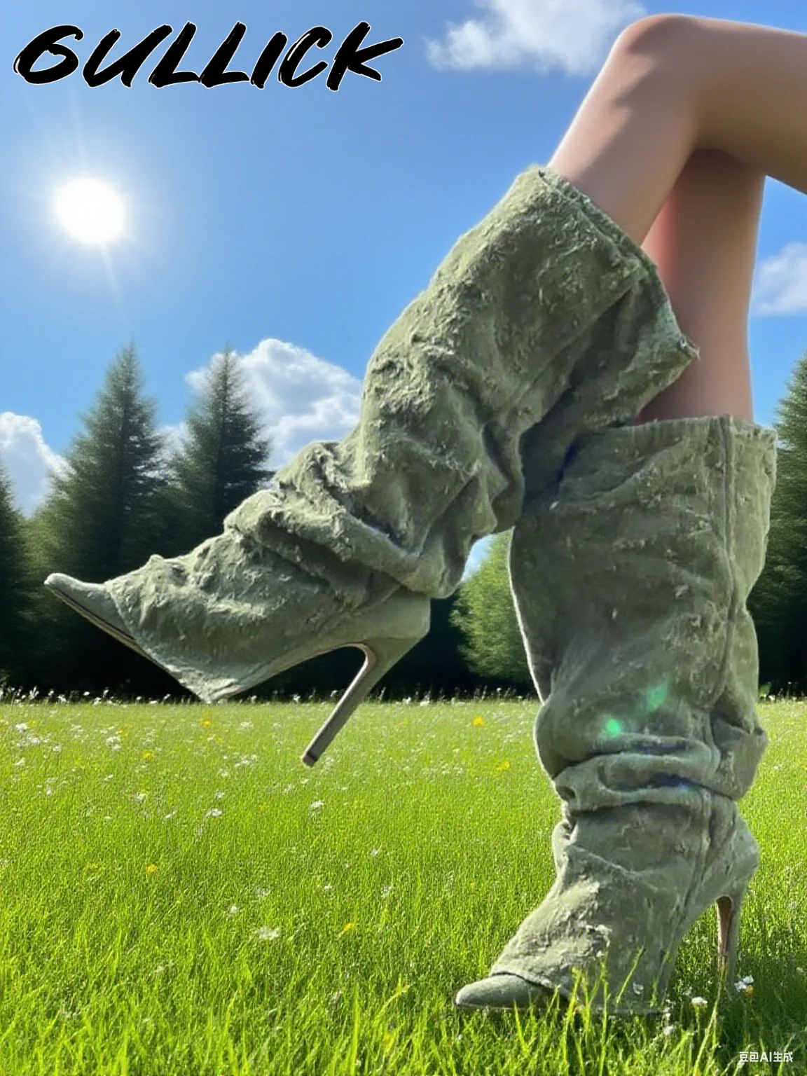Botas plisadas verdes, Botas vaqueras con punta estrecha hasta la rodilla, zapatos de diseñador de lujo para mujer, botines de tacón de aguja a la moda 2025