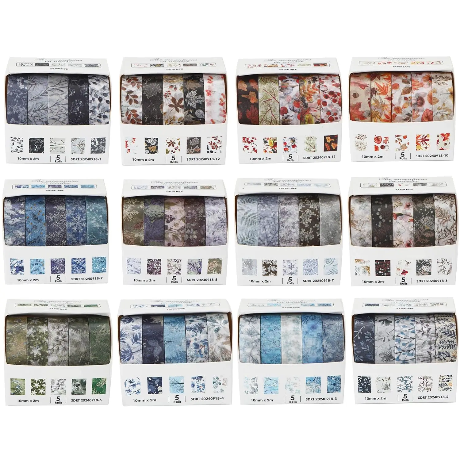5롤/세트 겨울 산 시리즈 꽃 무늬 와시 테이프 계절 꽃잎 장식용 눈 마스킹 테이프 예술 DIY A7910