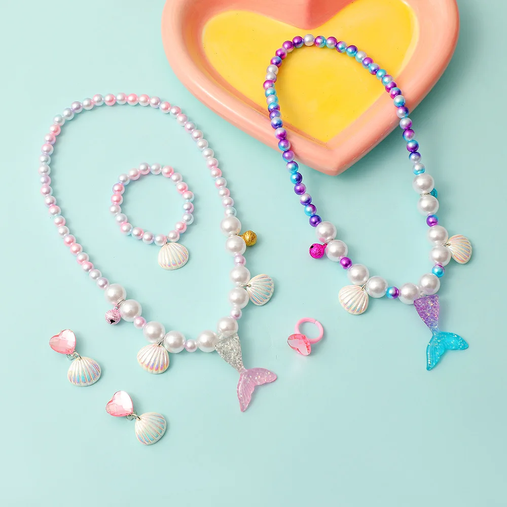 Children Beaded Jewelry Set Cute Mermaid Tail Necklace Shell Bracelet Earrings and Ring for Little Girl Birthday Christmas Party