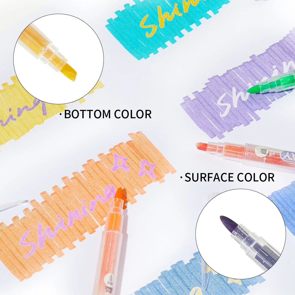 Glitter Highlighters,Chisel & Fine Double Color,Sparkle Highlighters, Color Layering,No Bleed Colors Highlighter Marker Pens