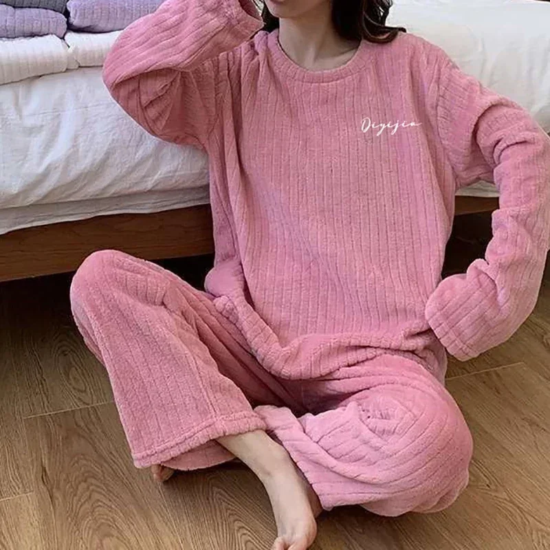 POCZCIY Women Fleece Sets Pullovers And Trouser 2 Piece Set Tracksuits Solid Stripe Ribbed Loose Pajama Set Women Autumn Winter