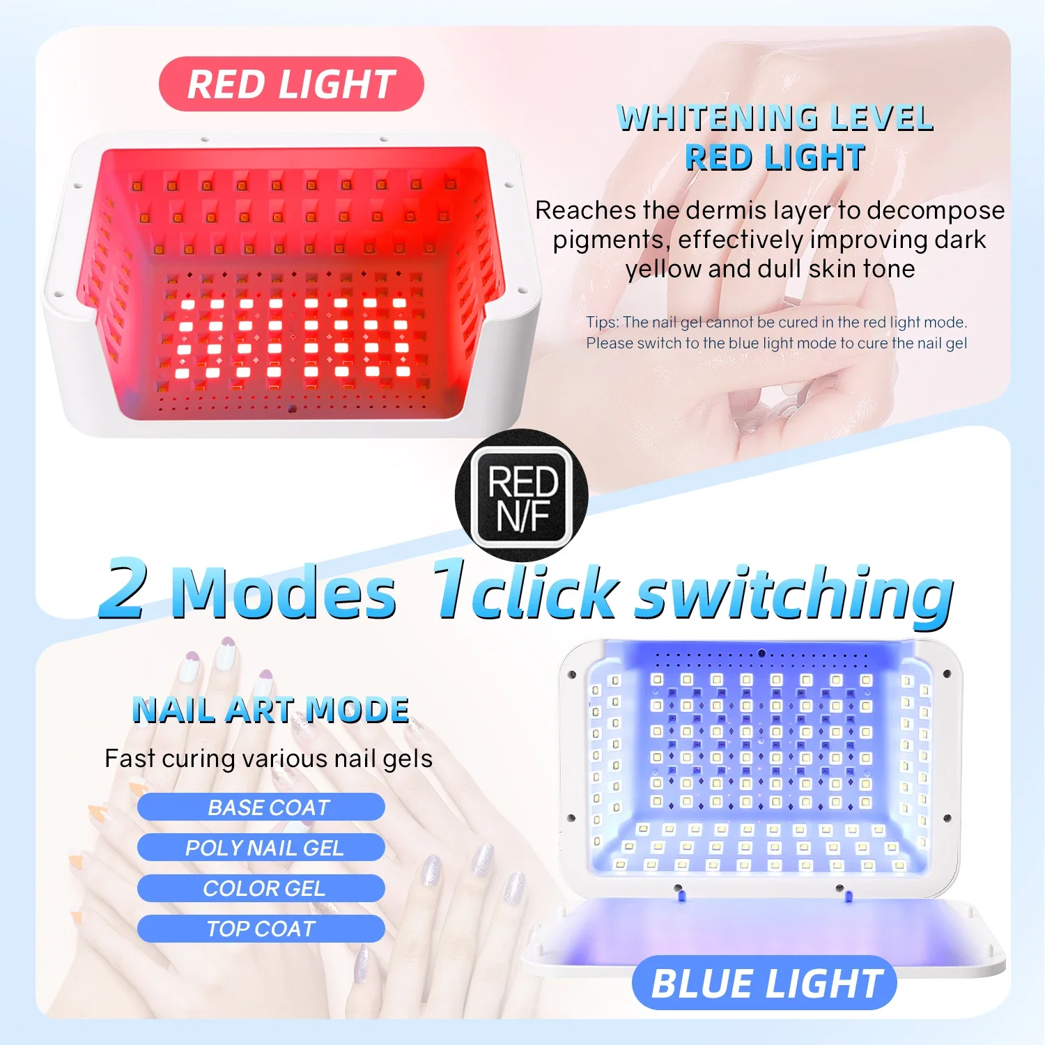 480W UV LED Lamp for Nails 108 LEDs Nail Dryer with Red Light Whitening Mode UV Light for Nail Manicure Lamp 4 Timer Settings