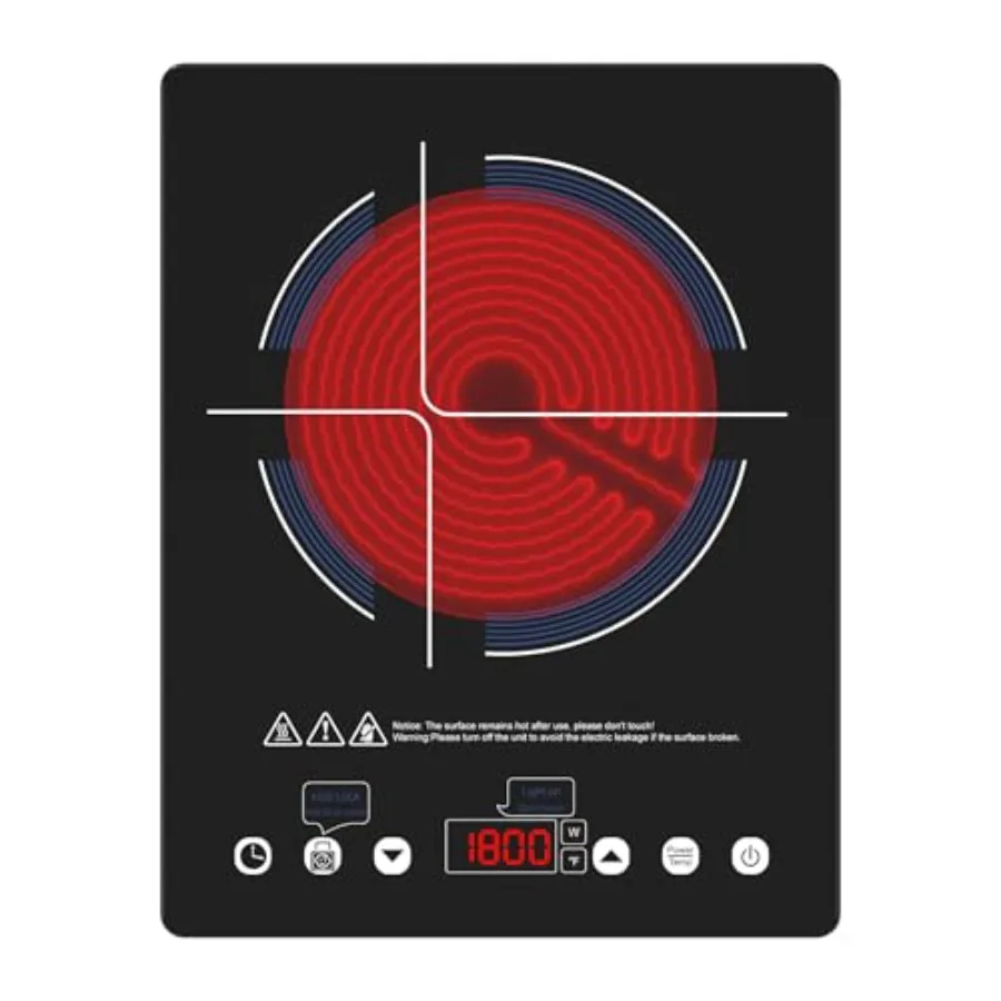 Electric cooktop for home kitchen use black crystal glass surface 1800W infrared heating with 4-hour timer setting compatible w