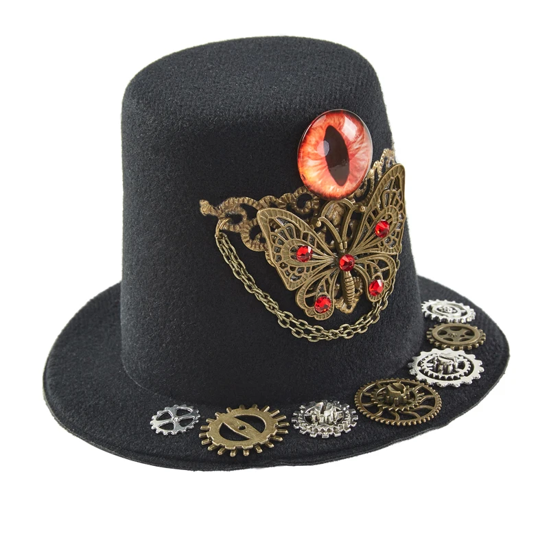

Vintage Stampunk Black Mini Top Hat Gothic Demon Eye Gears Chain Crystal Mini Hat Hair Clip Lolita Fedora